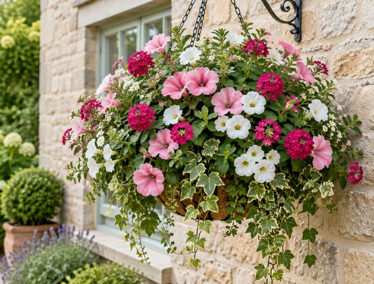 Pink and white premium summer hanging basket