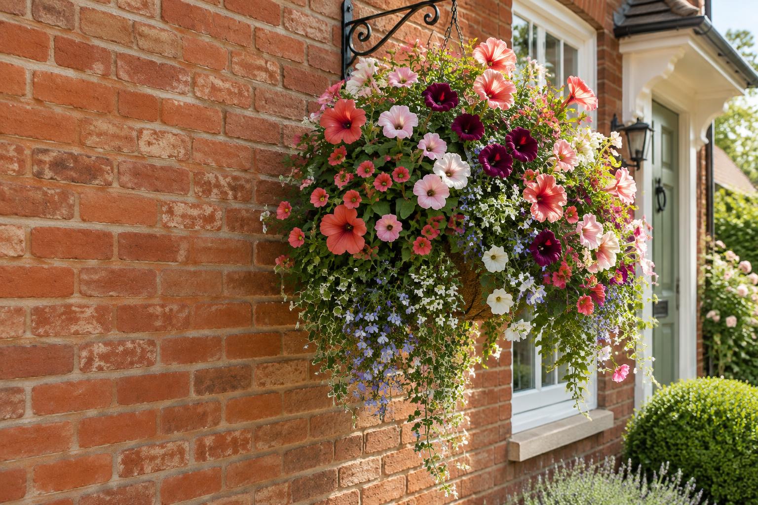 Overflowing summer hanging basket on an English brick home